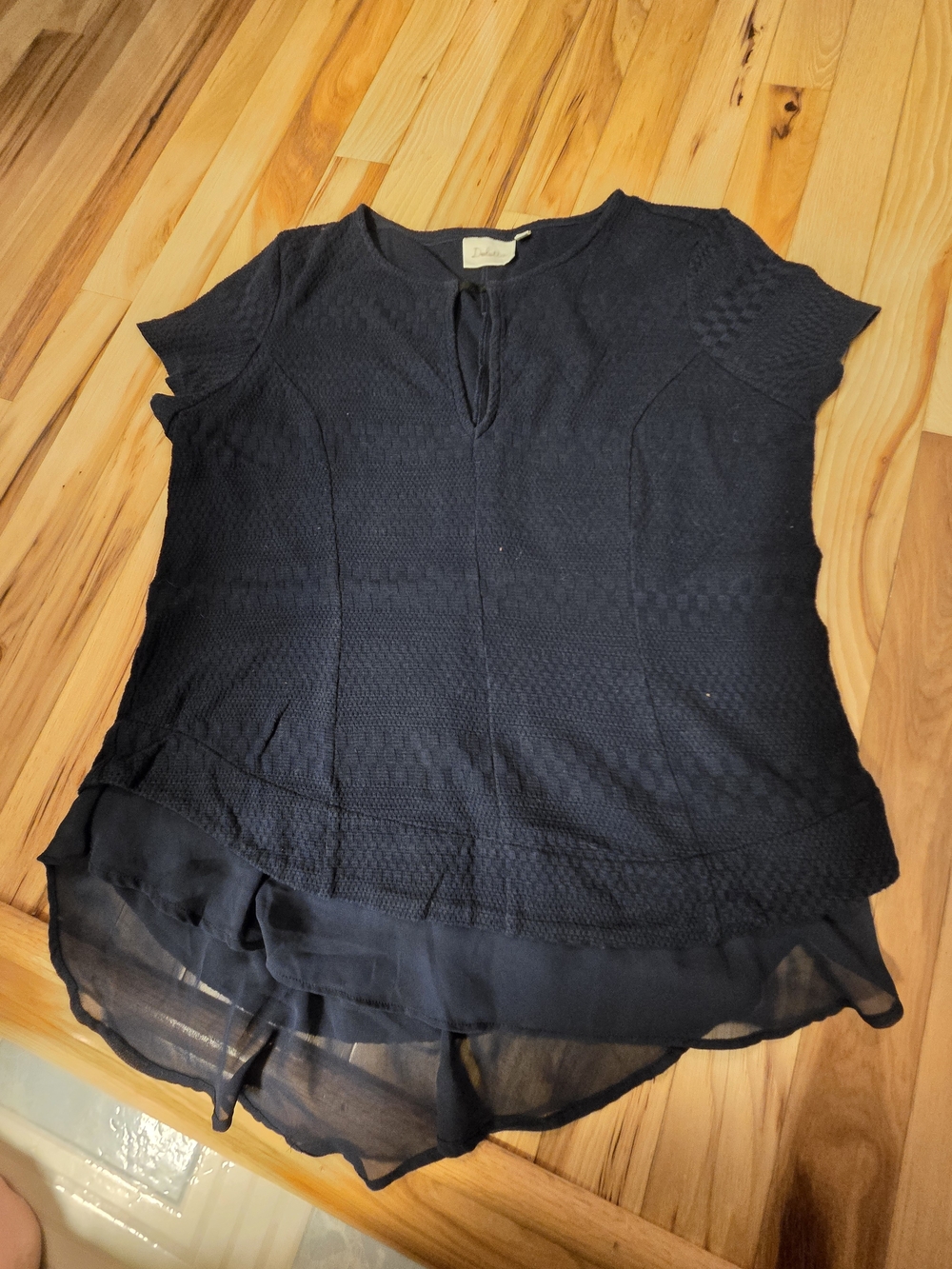Deletta Navy Short-Sleeve Knit Top with Chiffon Hem